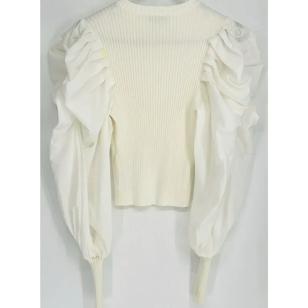 Zara L Ivory Ribbed Knit Dramatic Puff Balloon Sleeve Top Statement Blouse